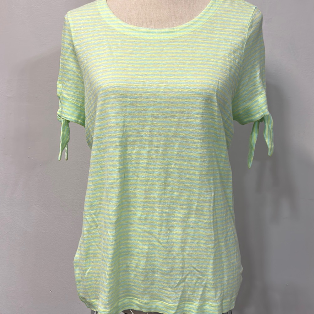 Tommy Bahama 100% linen striped top with ties at elbow. Prairie Wagon look.